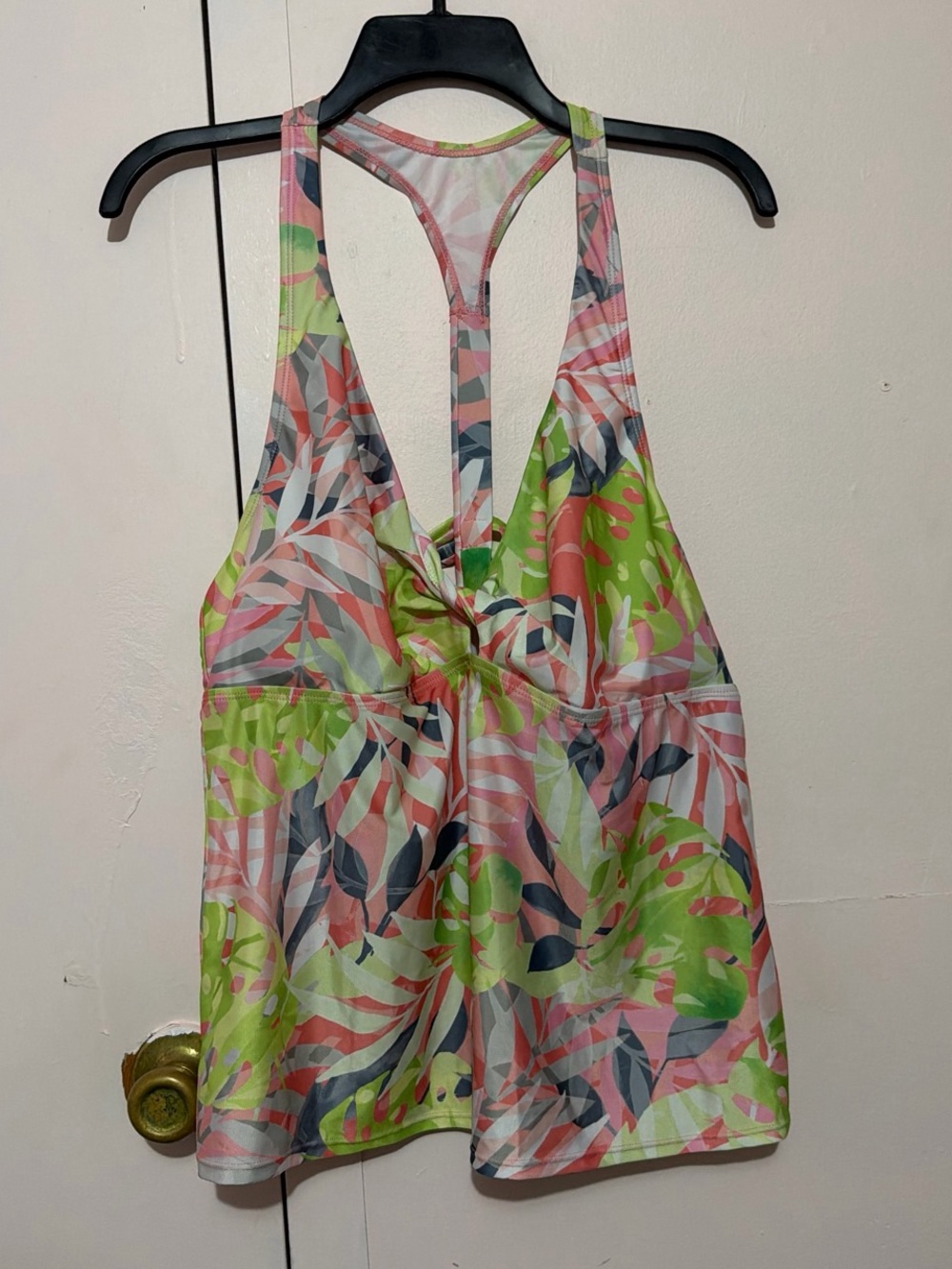 Tropical Leaf Print Racerback Tankini Top - Pink & Lime